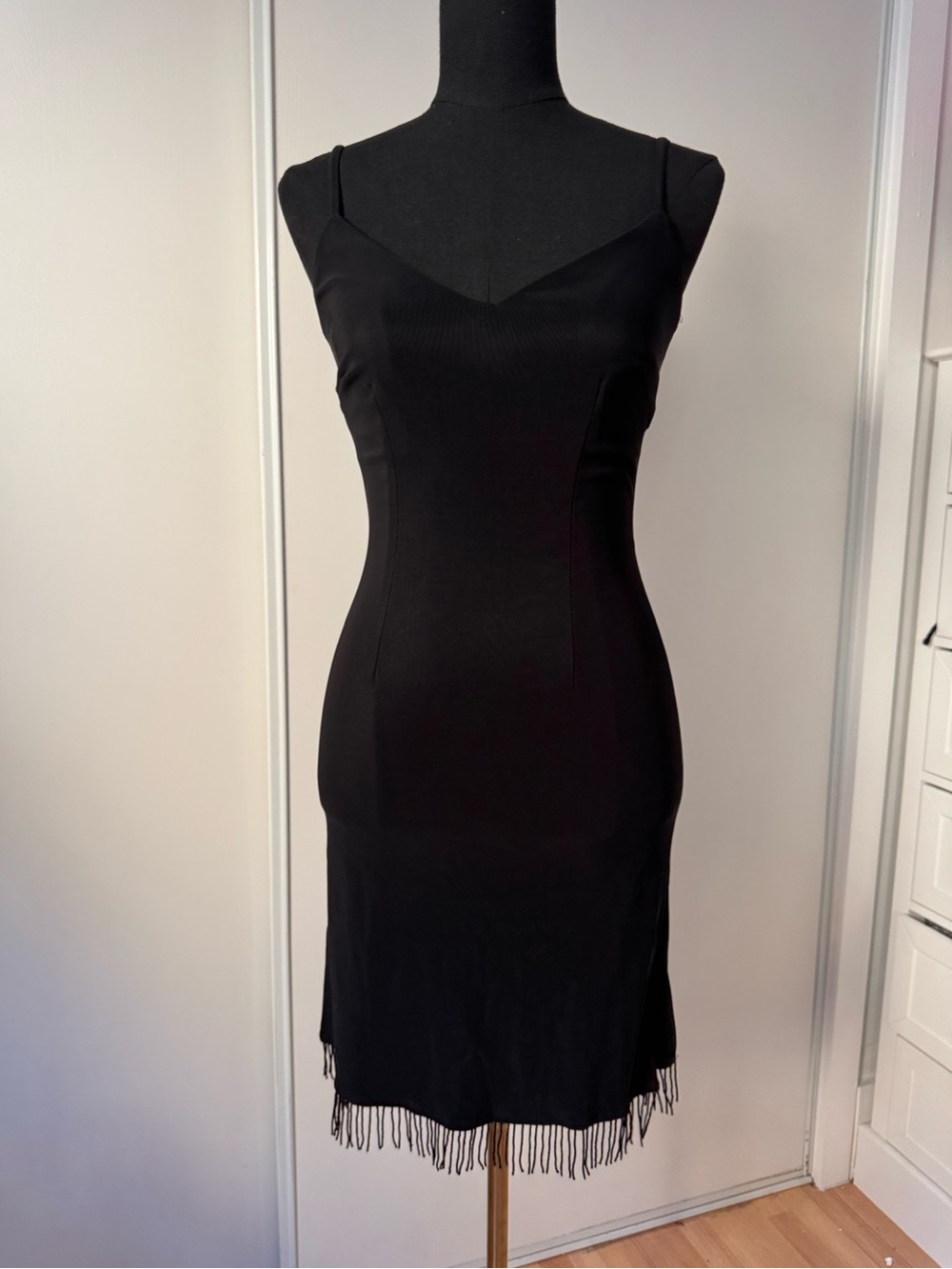 One Up Slinky Black Beaded Fringe Mini Dress